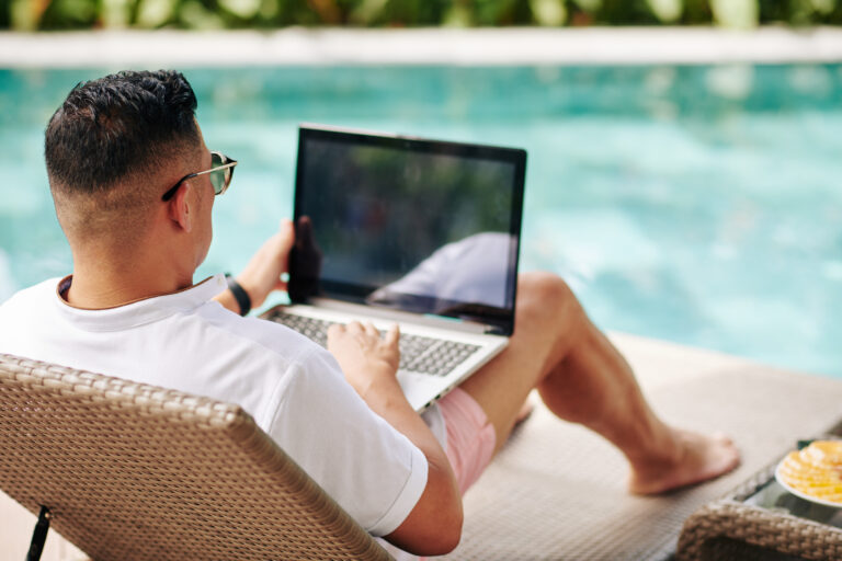 Working by swimming pool